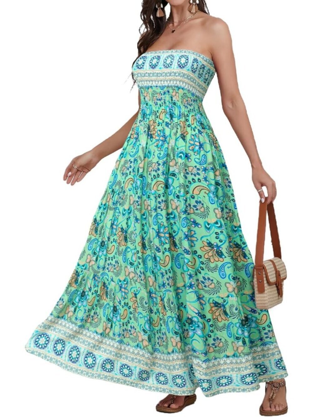 Women's Green Floral Strapless A Line Tube Top Backless Casual Sun Maxi Dress